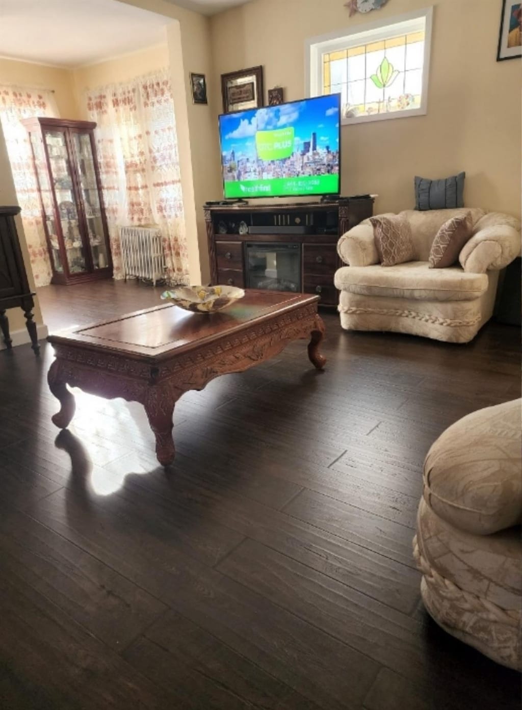 living room with radiator and dark hardwood / wood-style floors