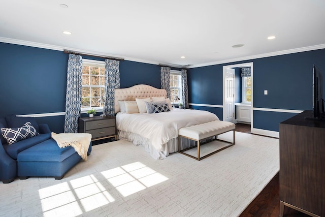 bedroom with recessed lighting, crown molding, and baseboards