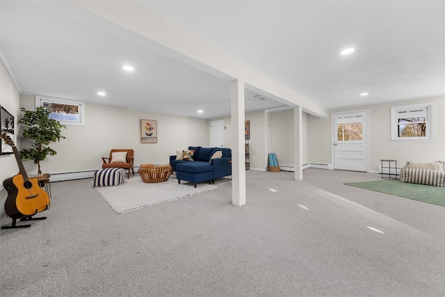 sitting room featuring carpet flooring, recessed lighting, baseboard heating, and a baseboard heating unit