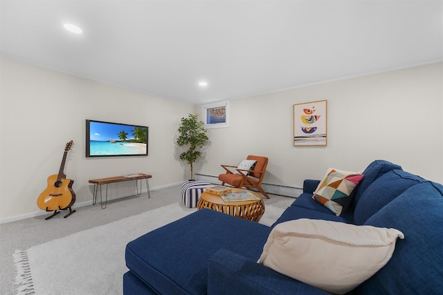 living area with recessed lighting, a baseboard heating unit, baseboards, and carpet