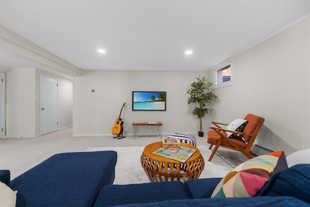 living room with recessed lighting, light colored carpet, baseboards, and baseboard heating