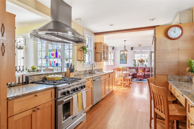 kitchen with a sink, light wood finished floors, island range hood, light stone countertops, and appliances with stainless steel finishes