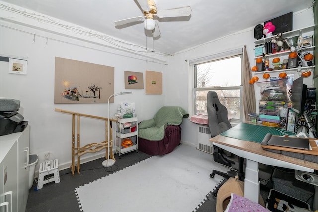 office area featuring ceiling fan, concrete flooring, and radiator