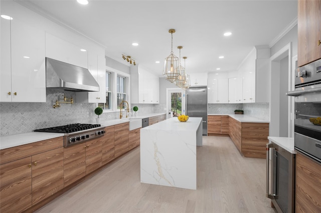 kitchen featuring modern cabinets, appliances with stainless steel finishes, and exhaust hood