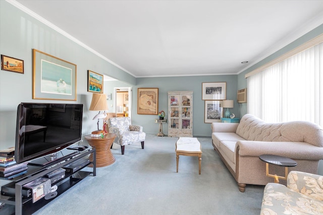 living room featuring crown molding and light colored carpet