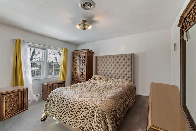 bedroom featuring a baseboard radiator and carpet