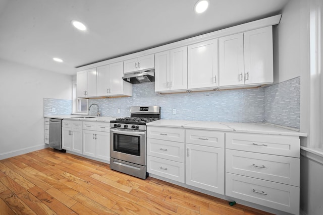 kitchen featuring white cabinetry, sink, backsplash, light hardwood / wood-style floors, and stainless steel appliances