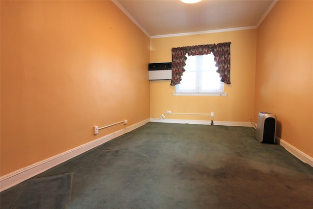 carpeted spare room with crown molding and an AC wall unit