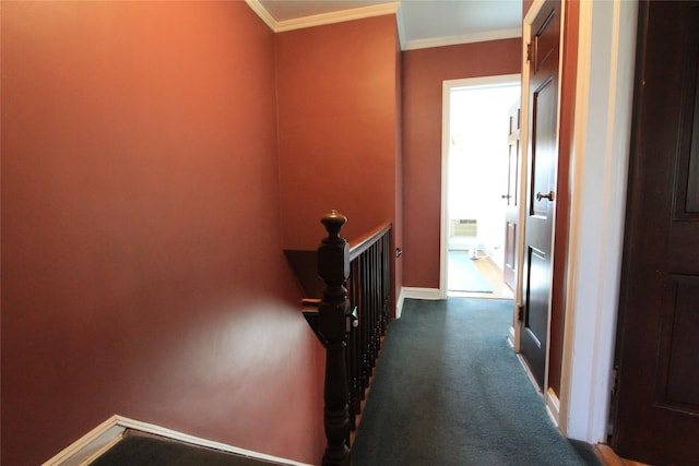 hallway with crown molding and dark colored carpet