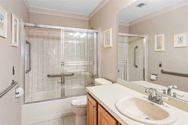 full bath with toilet, shower / bath combination with glass door, vanity, visible vents, and ornamental molding