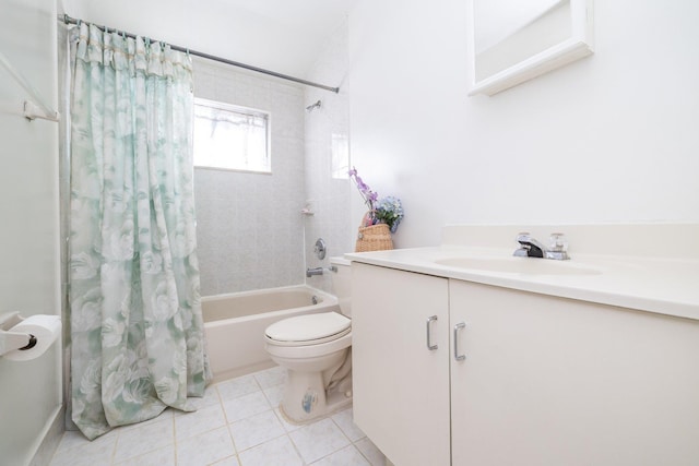 full bathroom with shower / tub combo with curtain, vanity, tile patterned flooring, and toilet