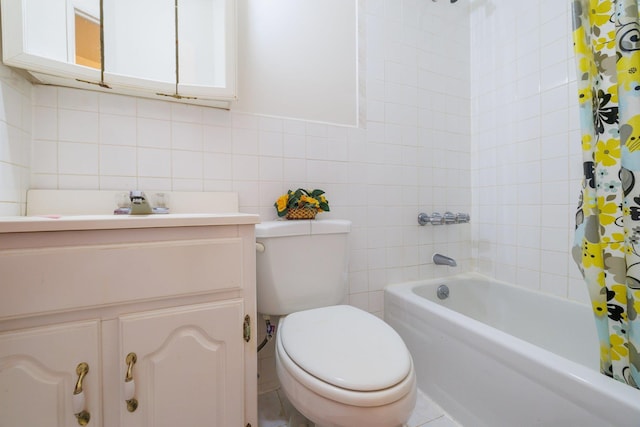 full bathroom with vanity, tile walls, shower / bath combination with curtain, and toilet