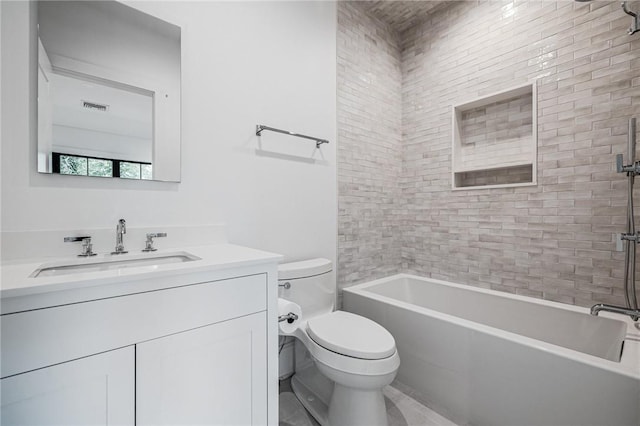 bathroom featuring toilet,  shower combination, visible vents, and vanity