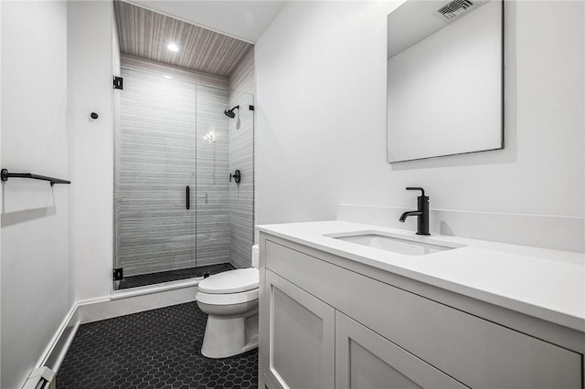 full bath with toilet, vanity, baseboards, visible vents, and a shower stall