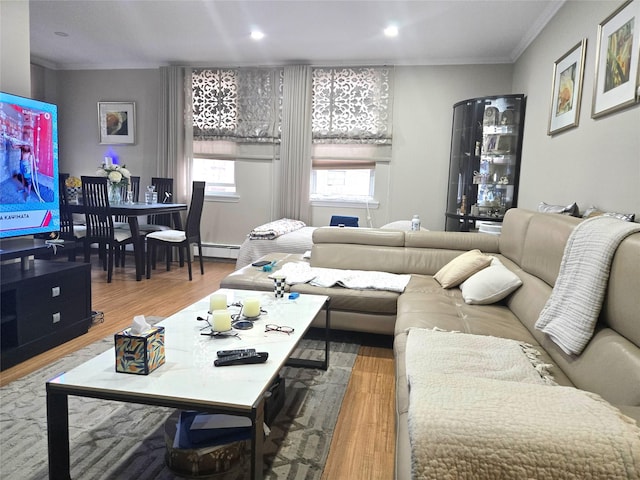 living room with baseboard heating, crown molding, and hardwood / wood-style flooring