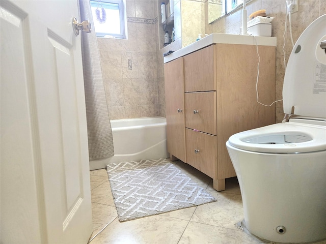 bathroom with shower / bath combination with curtain and tile patterned flooring