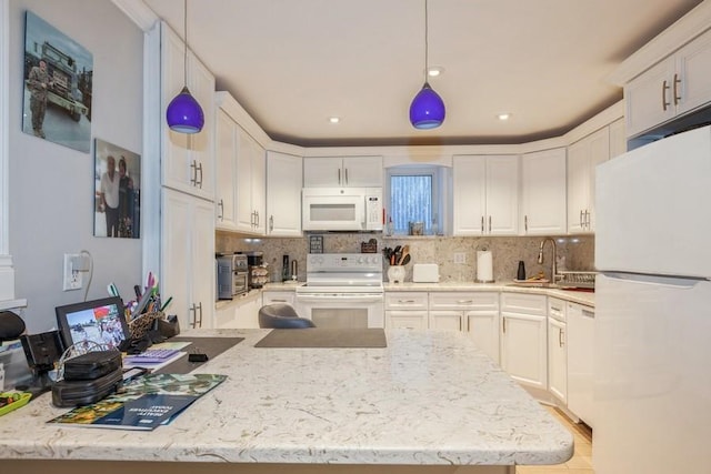 31-25 45th St, Astoria, NY 11103 - kitchen featuring white appliances, a sink, white cabinets, backsplash, and recessed lighting