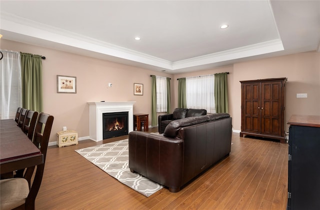 living room with a raised ceiling, hardwood / wood-style floors, and ornamental molding