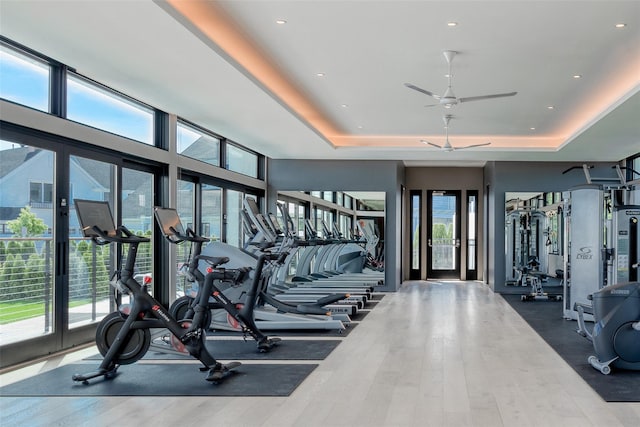 workout area with hardwood / wood-style flooring, ceiling fan, and a tray ceiling