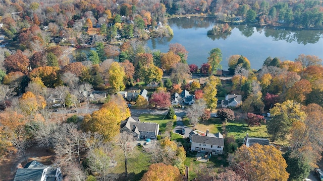 bird's eye view featuring a water view and a forest view