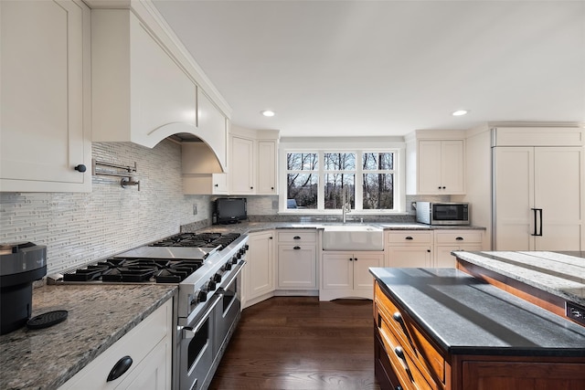 kitchen with premium appliances, a sink, white cabinets, and tasteful backsplash