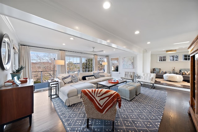 living area featuring ornamental molding, wood finished floors, and recessed lighting