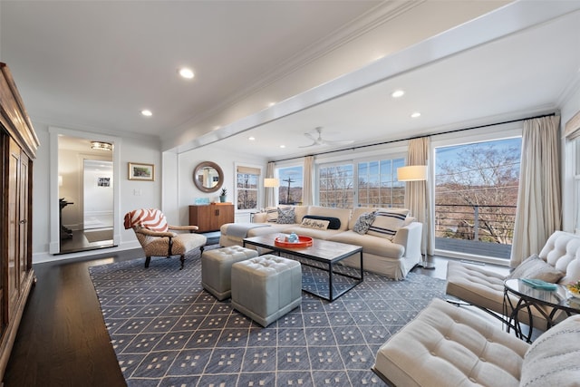 living area with ornamental molding, recessed lighting, ceiling fan, and wood finished floors