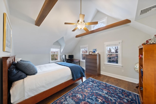 bedroom featuring vaulted ceiling with beams, wood finished floors, visible vents, and baseboards