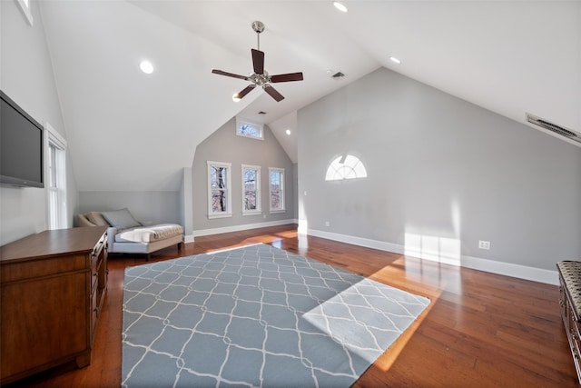 bedroom featuring ceiling fan, high vaulted ceiling, wood finished floors, and baseboards