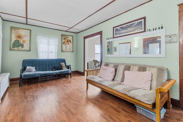 living room featuring radiator heating unit and hardwood / wood-style floors