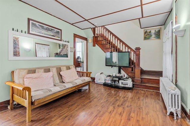 living room with hardwood / wood-style flooring and radiator heating unit