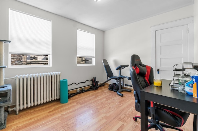 home office with hardwood / wood-style flooring and radiator heating unit