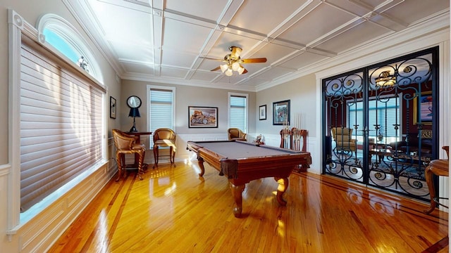 game room featuring plenty of natural light, coffered ceiling, light wood-type flooring, and billiards