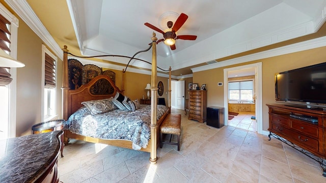 bedroom featuring visible vents, crown molding, and a raised ceiling