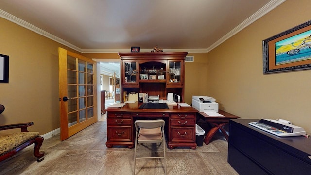 office space with visible vents, baseboards, ornamental molding, and french doors