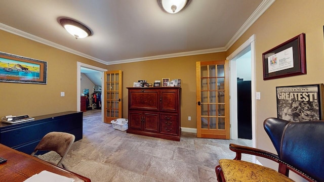 office space featuring french doors, crown molding, and baseboards