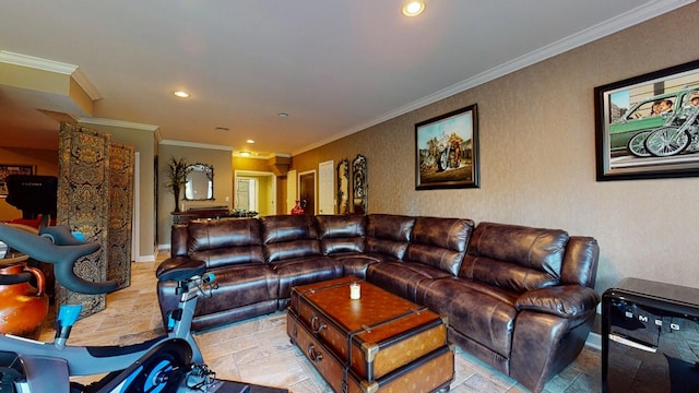 living area featuring crown molding, stone tile floors, recessed lighting, and baseboards