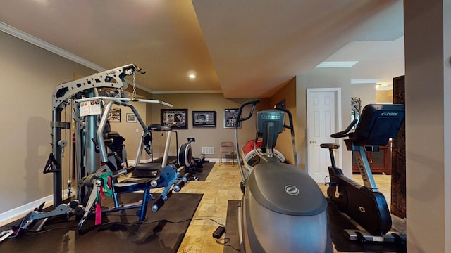 workout room with recessed lighting, stone finish floor, crown molding, and baseboards