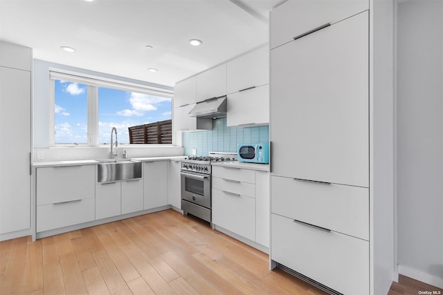 kitchen with tasteful backsplash, stainless steel range, light hardwood / wood-style flooring, and white cabinets