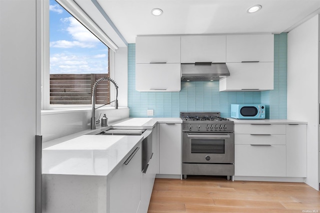 kitchen with white cabinetry, high end range, wall chimney exhaust hood, and tasteful backsplash