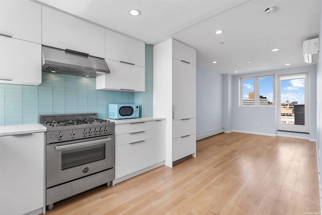 kitchen featuring wall chimney exhaust hood, high quality appliances, backsplash, and white cabinets