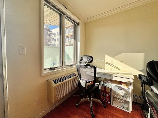 office featuring a wall unit AC, ornamental molding, and hardwood / wood-style flooring