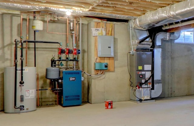 utility room with water heater, heating unit, and electric panel