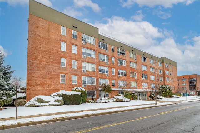 view of snow covered building