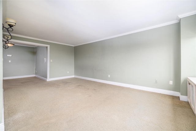 spare room featuring ornamental molding and light colored carpet