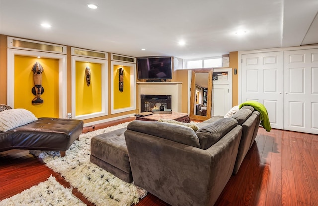 living room with dark hardwood / wood-style floors