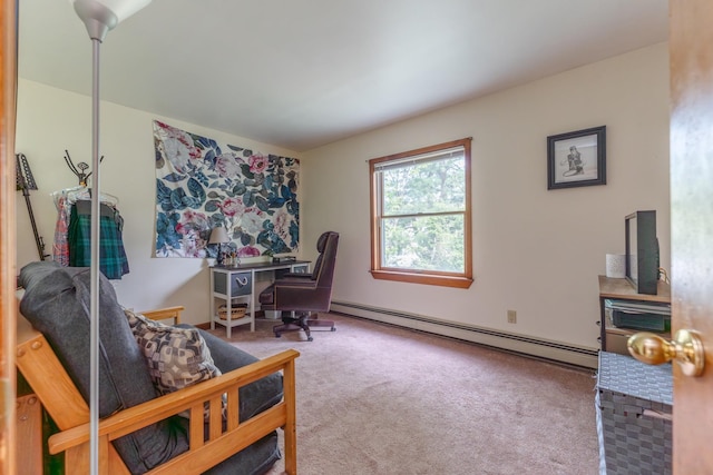 office space with a baseboard radiator and carpet floors