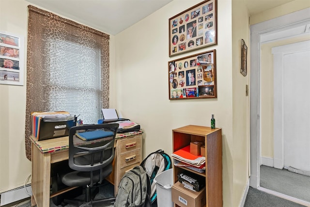 office space with carpet floors and baseboard heating