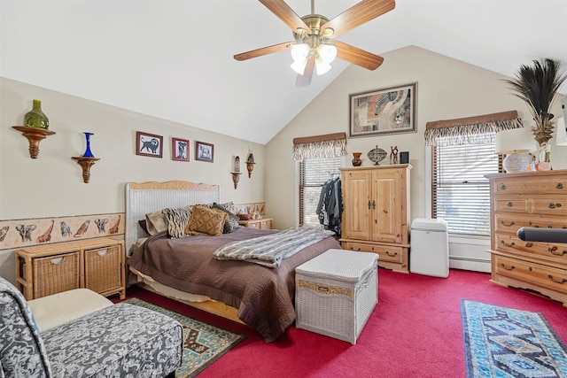 carpeted bedroom featuring lofted ceiling, ceiling fan, and a baseboard radiator