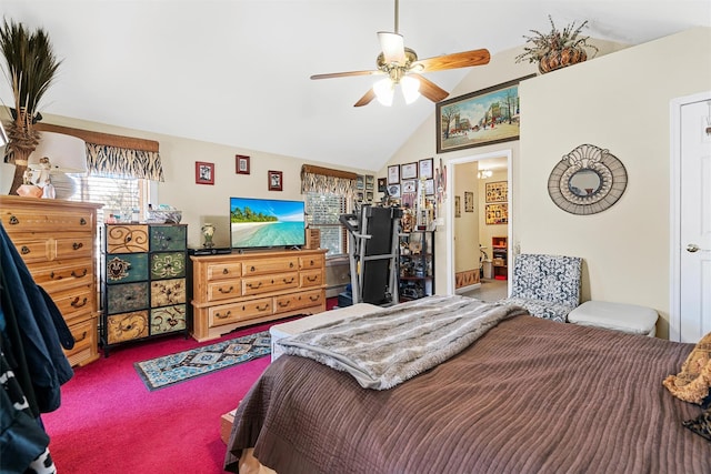 carpeted bedroom with lofted ceiling and ceiling fan